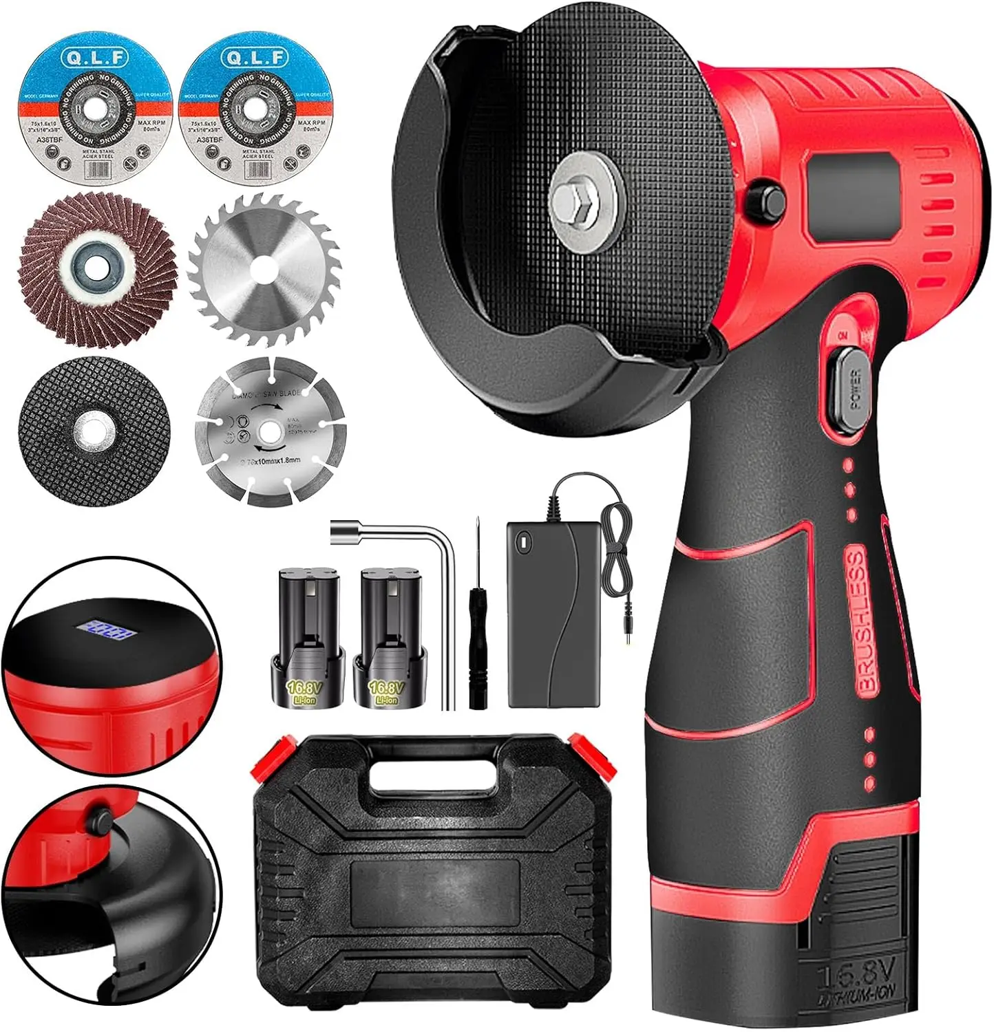 

Беспроводная бесщеточная угловая шлифовальная машина с 2 аккумуляторами и 6 отрезными дисками, 19500 об/мин, электрический шлифовальный инструмент для металла и дерева