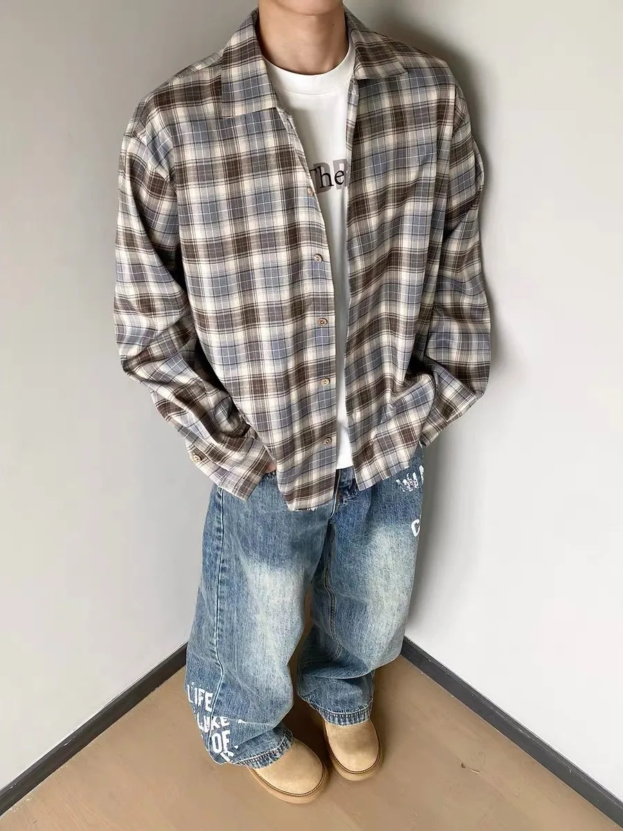 

Мужская винтажная рубашка в американском клетчатом стиле, длинный рукав, светло-голубая, повседневная, дышащая, из полиэфирного волокна, устойчивая к выцветанию и...