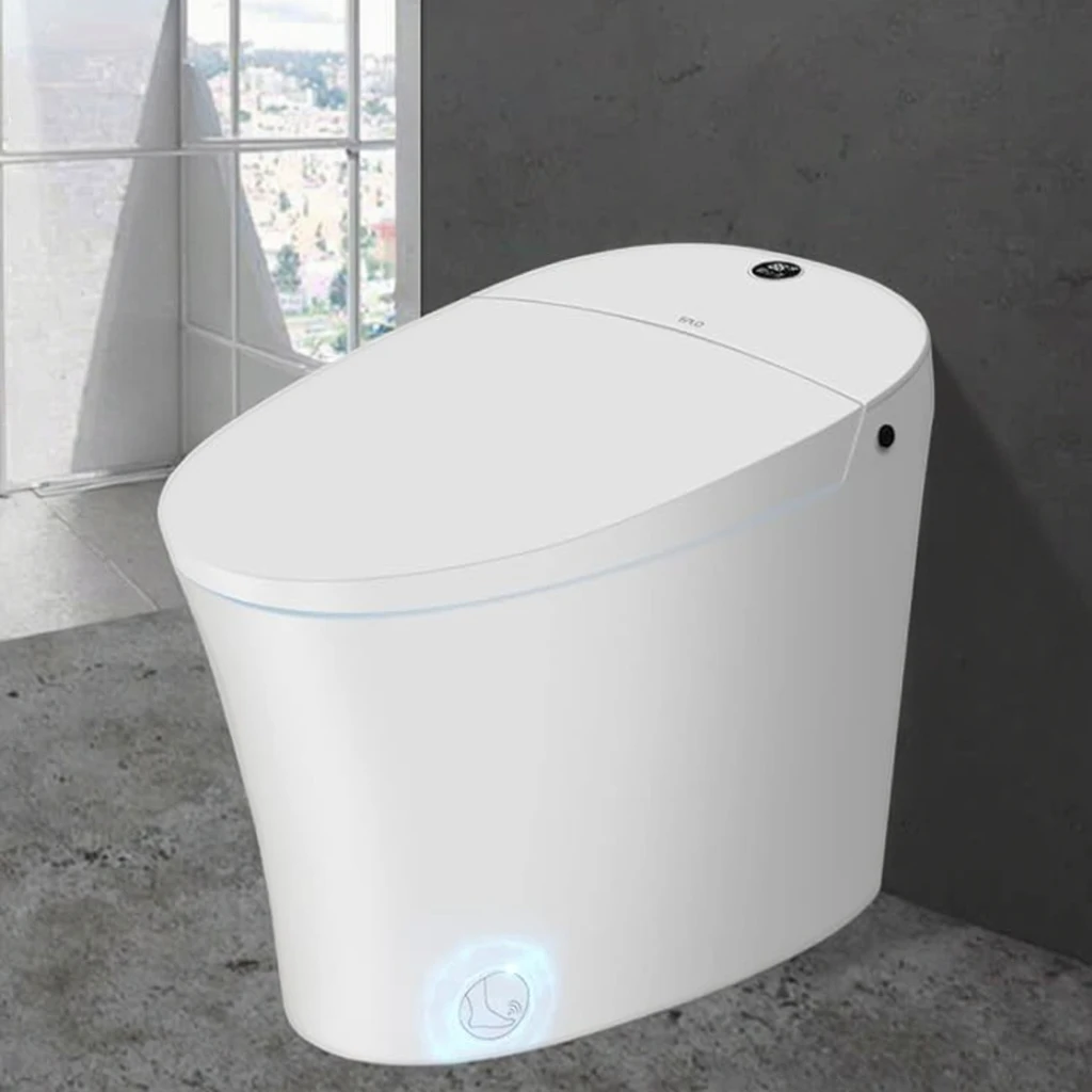 

Modern Elongated Smart Toilet Warm Water Dual Auto Flush Foot Sensor Heated Seat Electric Tankless LED Display One Piece Toilet