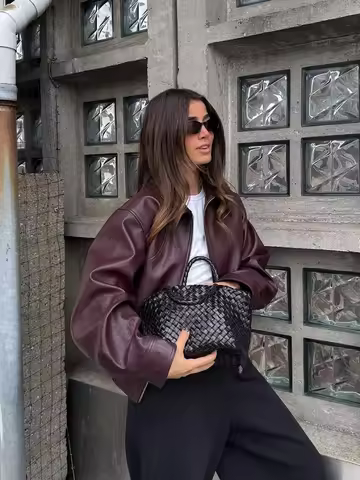 Wine Red Lapel Leather Short Coat Retro Women's Zipper Long Sleeve Jackets Female 2025 New Autumn Fashion High Street Jackets