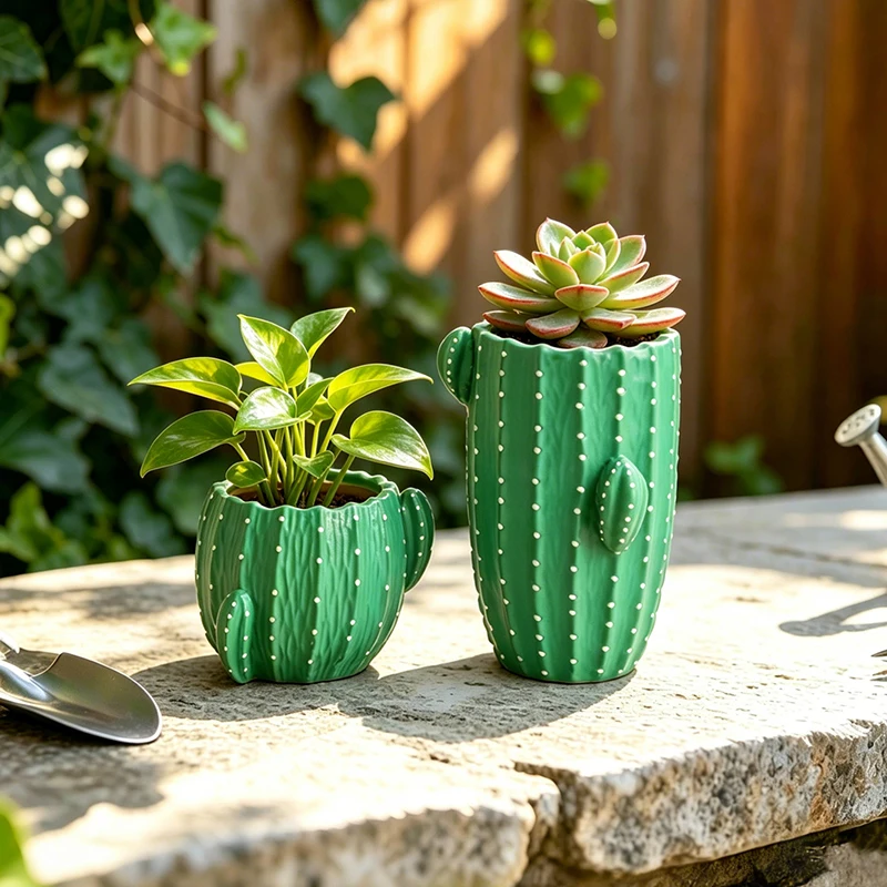 Green Cartoon Cactus Resin Planter Small Succulent Flower Pot Container for Windowsill Desk Balcony Minimalist Home Table Decor