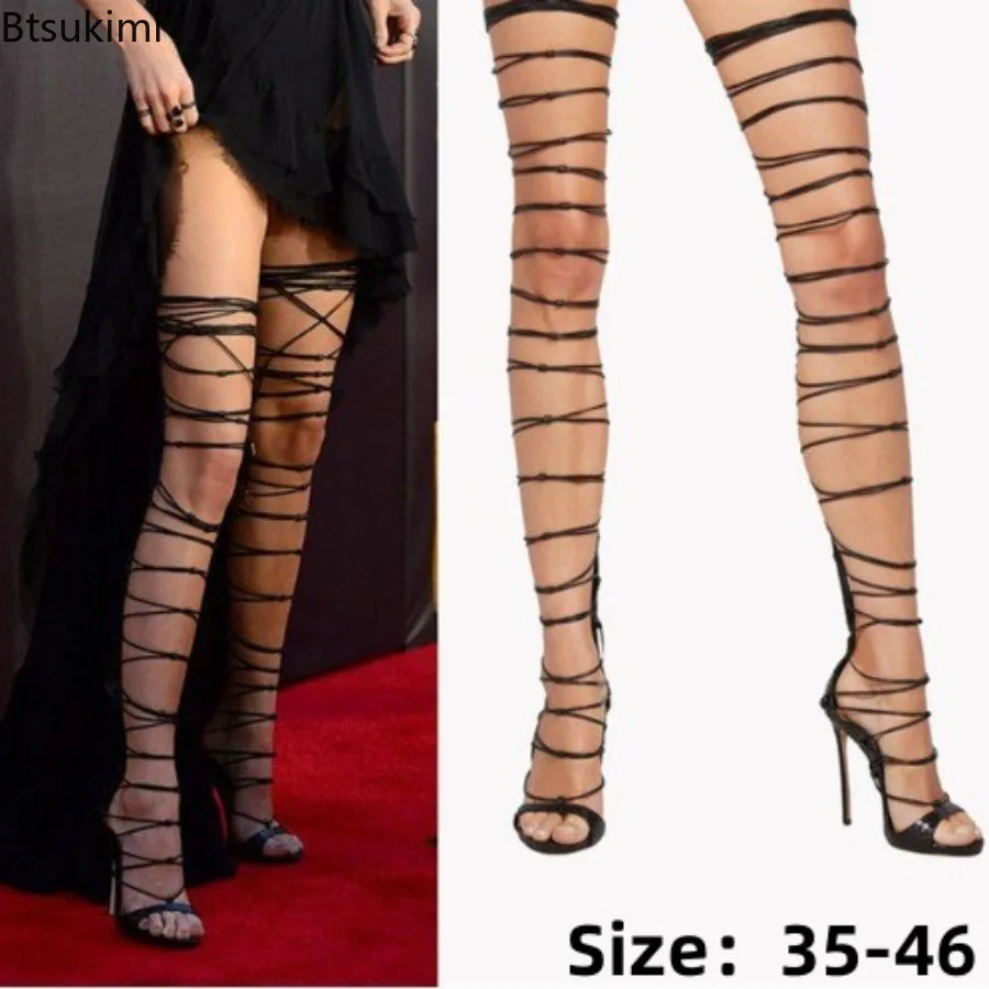 Summer Women'S Over-The-Knee Sandals Boots Open Toe Round Head Stiletto Party High Heels Elegant Sexy Commuter Lace-Up Sandals