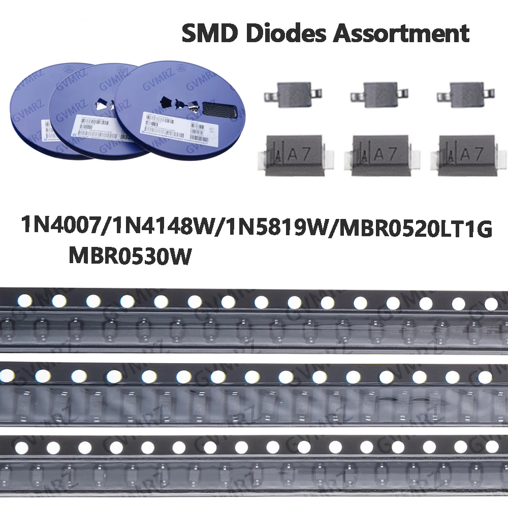 100PCS/3000PCS SMD Diodes Assortment 1N4007, 1N4148W, 1N5819W, MBR0520LT1G, MBR0530W Surface Mount Diodes