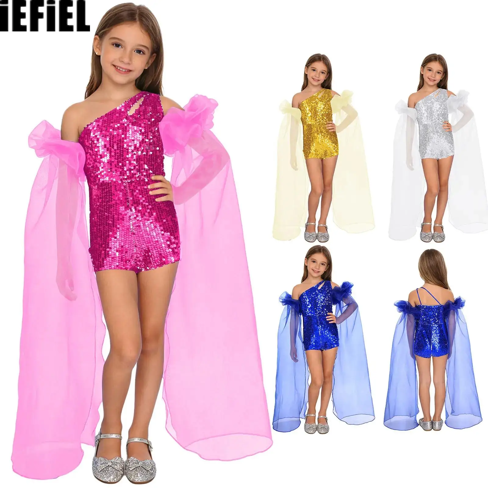 

Детский праздничный комбинезон с блестящими пайетками для девочек и пара комбинезонов без рукавов со съемными пышными рукавами на одно плечо