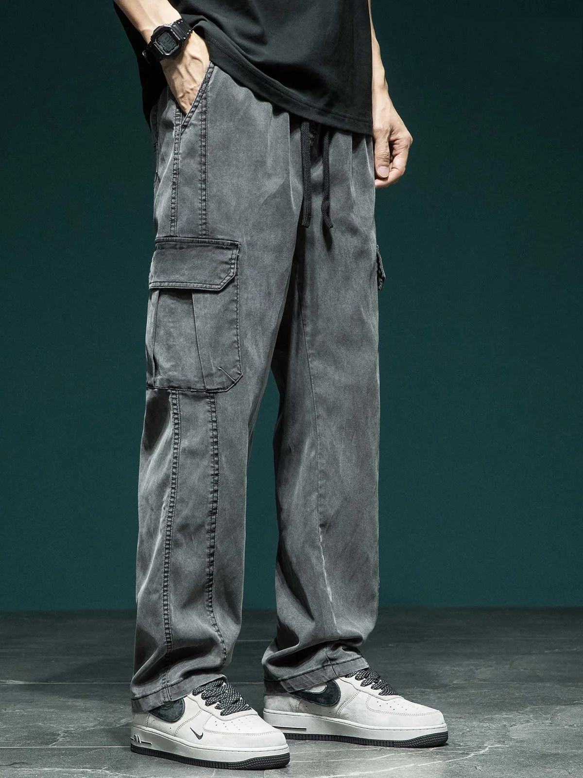 

Japanese Street Sle Men's Casual Pants Multiple kets Straight Leg Loose Fit Large Size Casual Wide Leg Sports Long Trousers