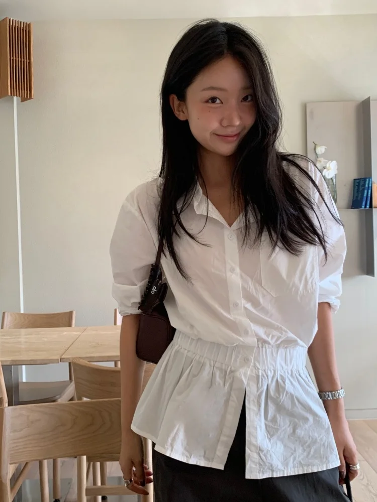 

Белый женский топ irt Chic, повседневный модный топ с застежкой на талии, длинный топ в полоску с эластичной резинкой на талии, корейский Sle, стандартный крой