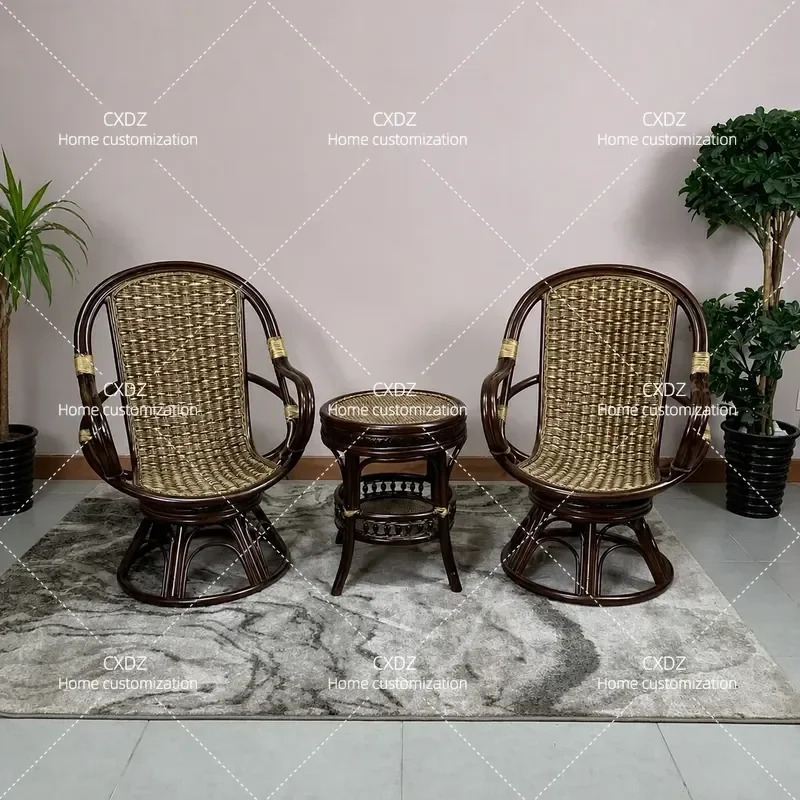 Retro Natural Rattan Chair Set 3 Piece Balcony Rotating Leisure Armchair Living Room Tea Table Furniture Combination