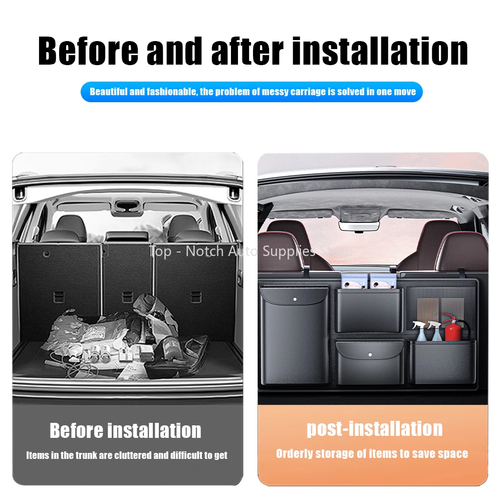 

Car Trunk PU Back Seat Organizer Hanging Leather Auto Seat Back Hanging Storage Bag Adjustable Straps Travel Bottle Net Pockets