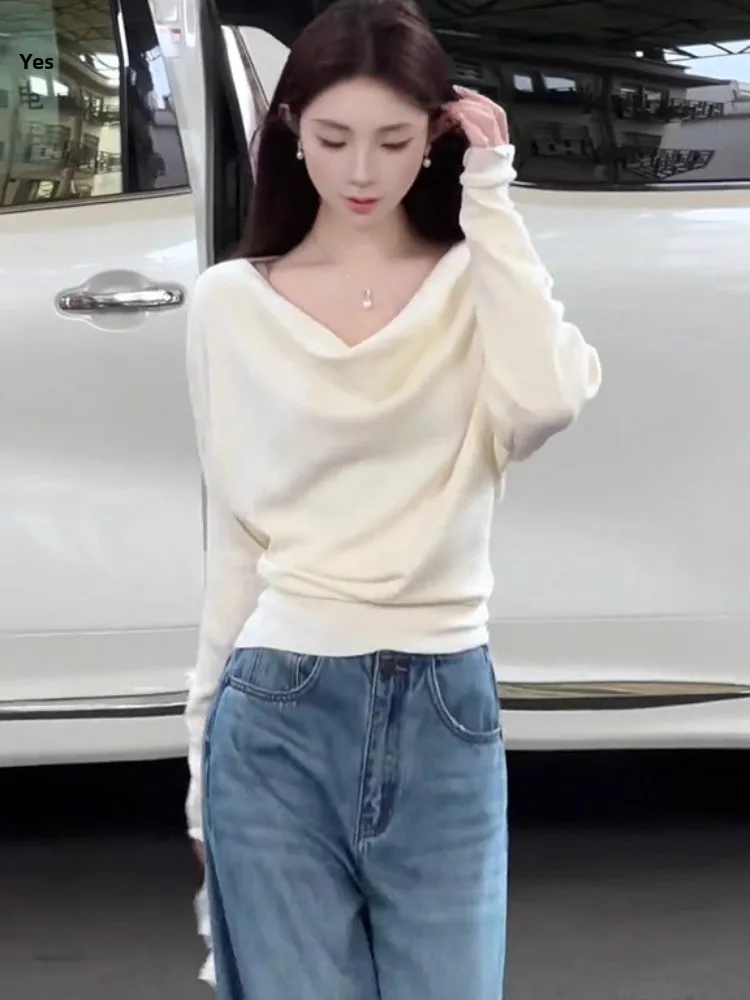 여아 니트 스웨터 오프숄더 언밸런스 백색 이너웨어 부드럽고 편안한 가을 겨울 상의 허리 조임 베이스 셔츠