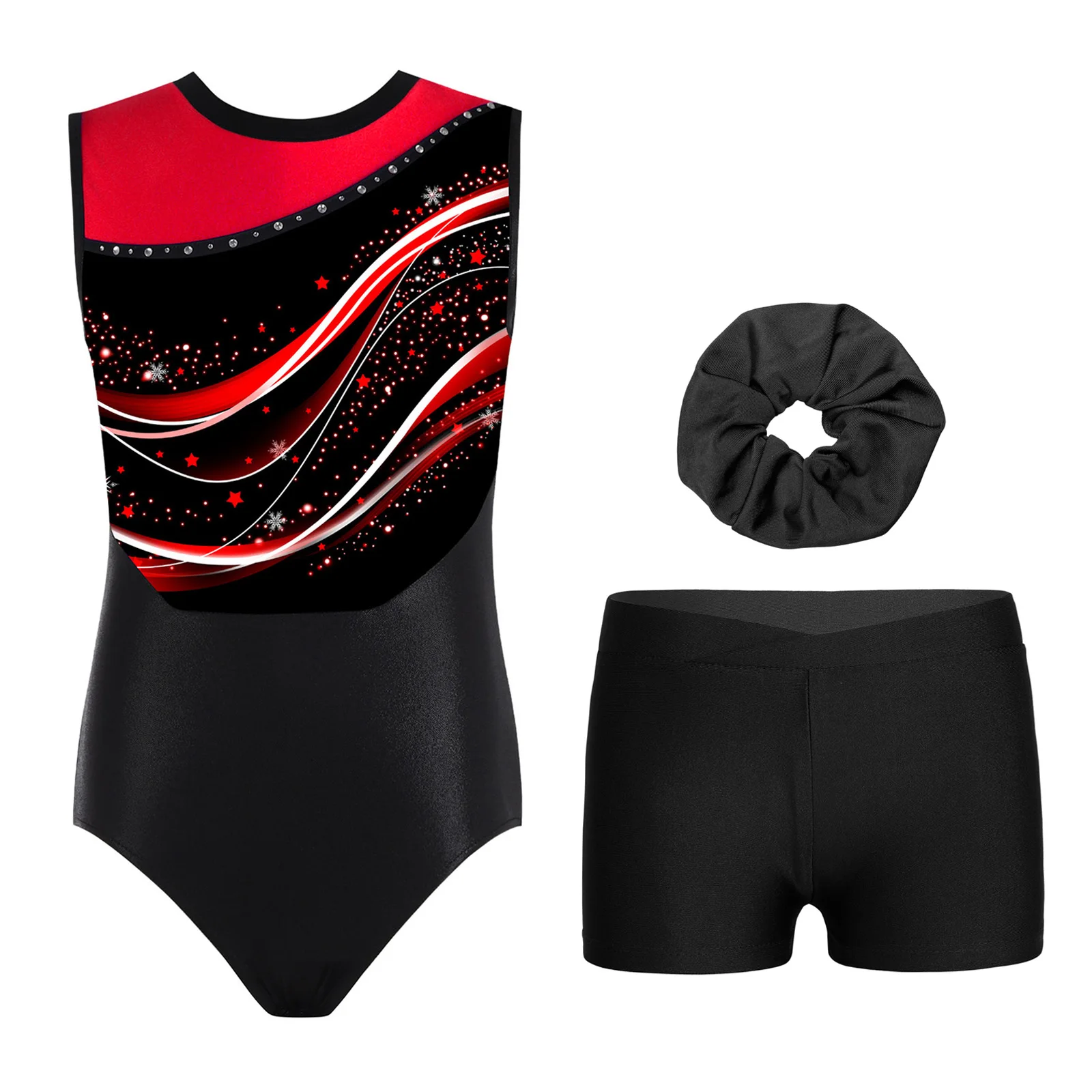 

3Pcs/Set Kids Girls Print Acrobatics Gymnastics Dance Leotard Round Neck Sleeveless Patchwork Bodysuit Figure Skating Outfits