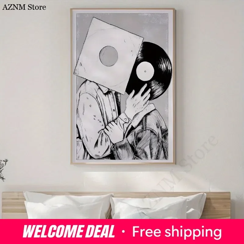 1pc Black and White Vinyl Record People Print, Modern Style Canvas Wall Art, Love Theme, Unframed, Indoor Use, Home Office De