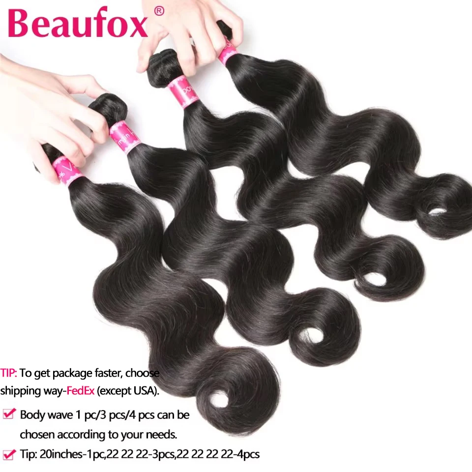 Mechones Body Wave Beaufox, tejido brasileño, 1/3/4 piezas, cabello humano, negro natural o jet black, 8-30 pulgadas, extensiones Remy 3