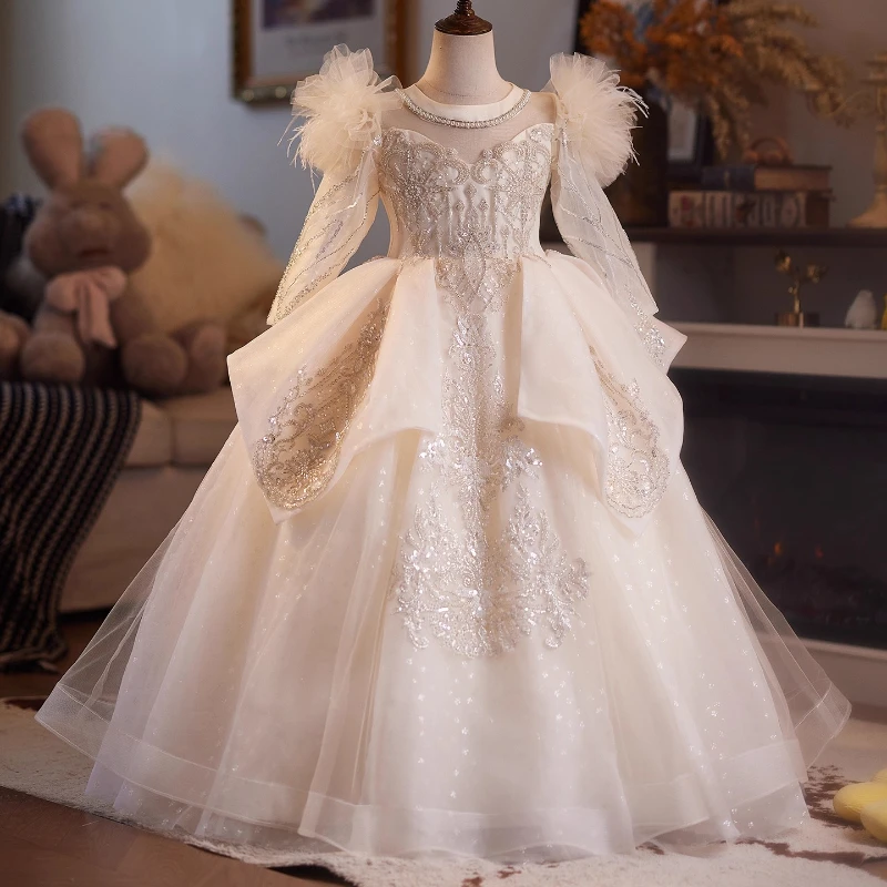 

Kids Girls Champagne Party Dress Puffy Flower Girl Wedding Gown Host Performance Children Birthday Pageant Formal Celebration