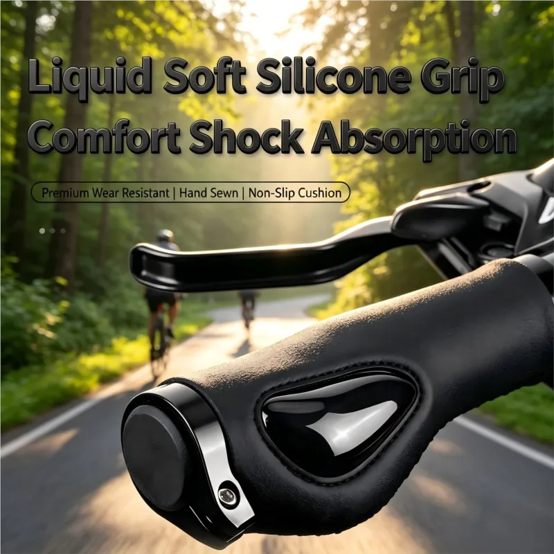 2pcs Liquid Silicone Bike Grips Lock-On Bicycle Handlebar Grips Shock Absorbing Soft Handle Grip PU Leather Road Cycling Grips