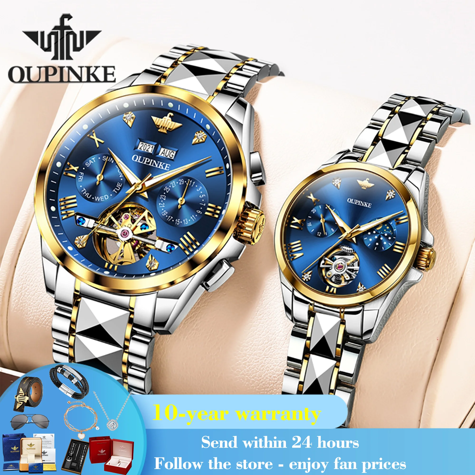 OUPINKE Roman Scale Mechanical Couple Watch Hollow Skeleton Synthetic Sapphire Mirror Wristwatch Deep Waterproof Top Brand Watch