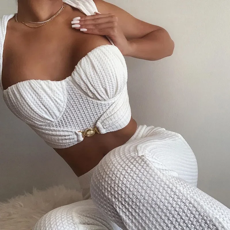 Fashion Outfit Elegant Suit Sexy Sleeveless Top and Long Flare Pants Two Piece Set Crop Top Fall Winter Club Party Matching Set