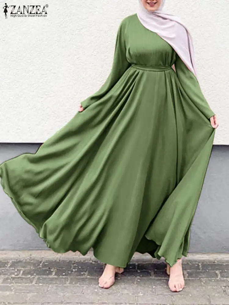 ZANZEA Fashion Long Flare Sleeve Muslim Dress Women Elegant Maxi Long Sundress Kaftan Abaya Ramadan Vestidos Solid Robe Femme