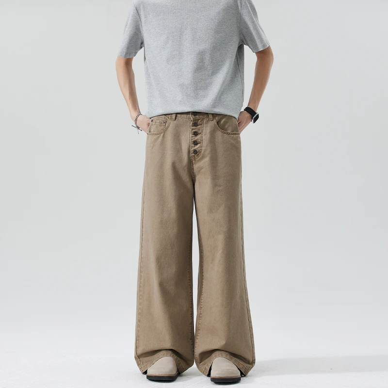 

Men's Casual Cotton Jeans American Washed Distressed Button Design Casual Pants Vintage Relaxed Straight Trousers