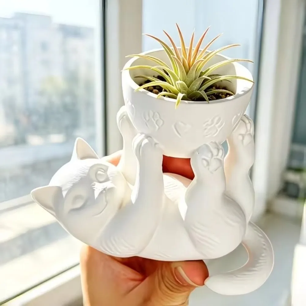 Aesthetic 3D Printed Reclining Cat Planter Irregular Shape Plastic Cat Plant Pot Creative Lightweight Flowerpot Office