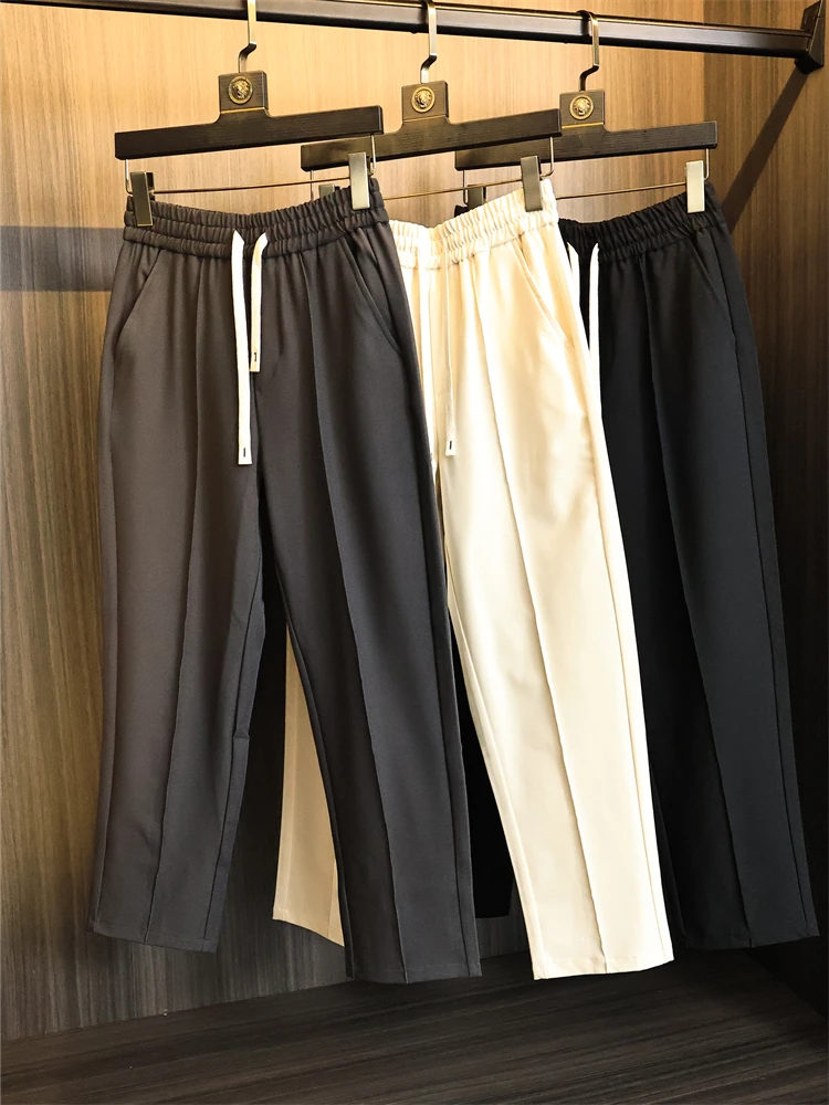 Slimming Straight Leg Casual Pants for Men British Style Rhino Fold Pure Color Body Shaping Simple Match Autumn Fashion