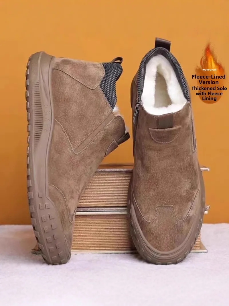 Men's High-Top Boots Winter Fleece Lined Thickened Outdoor Waterproof Non-Slip Warm Leather Fur Integrated Safety Casual Shoes