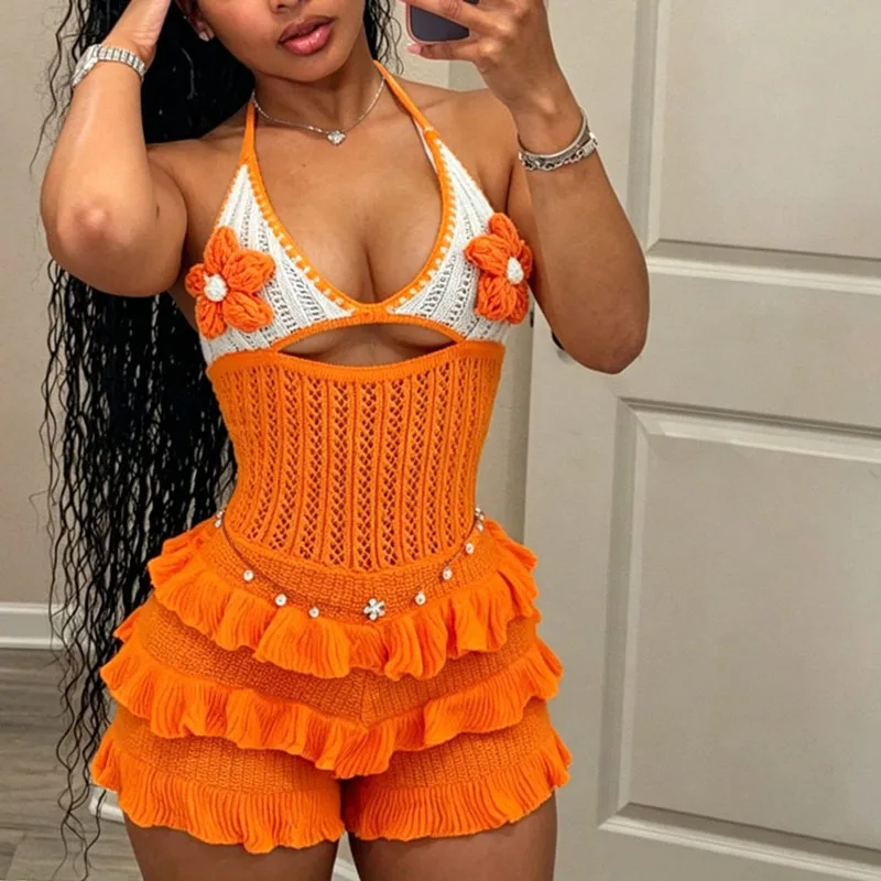 

Doyerl Crochet Knitted Romper Woman Jumpsuit Shorts Beach Style Holiday Halter V-neck Floral Hollow Out Ruffles Summer Playsuit