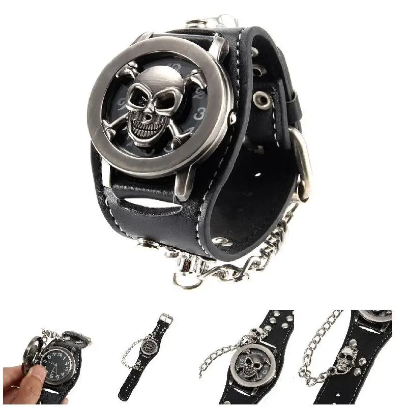 ساعة كوارتز جمجمة عصرية على طراز فاسق وغطاء جمجمة وسلسلة حزام وزجاج شفاف ومرآة ساعة مناسبة للرجال كهدية
