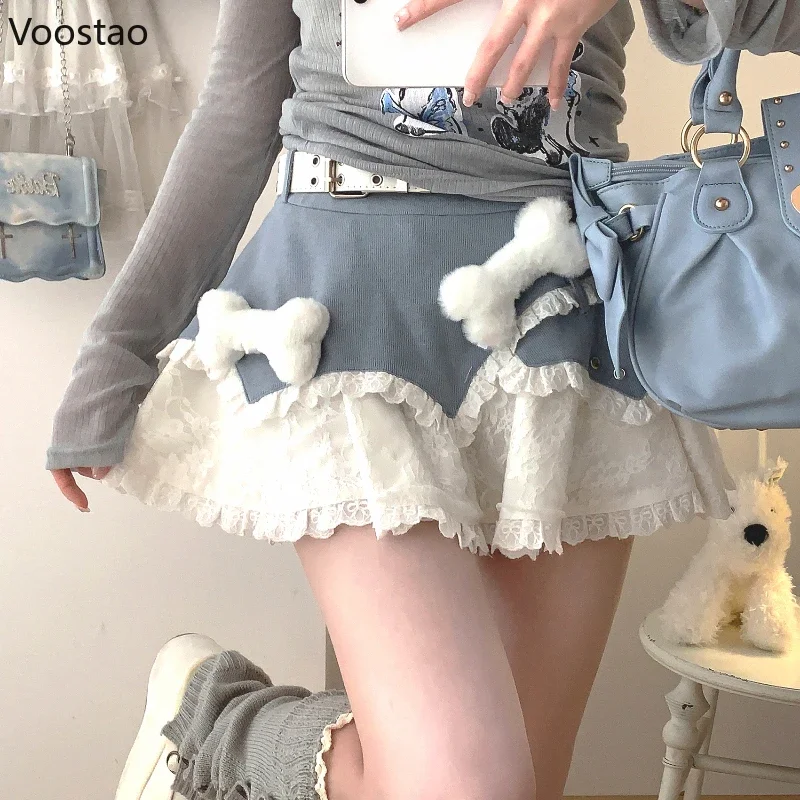 Japanese Y2k Punk Skirts Women Vintage Gothic Lolita Plush Bone Lace Ruffles Party Skirt Girls Casual High Waist Skirt With Belt