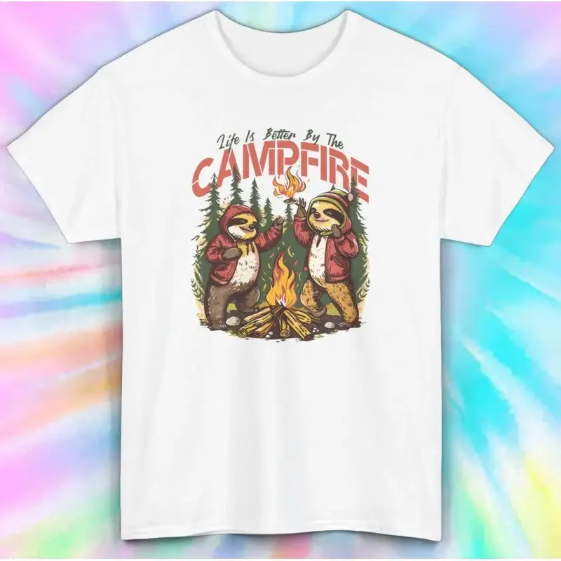 Sloth Campfire Outdoor Adventure Cozy Bonfire T Shirt S 5XL