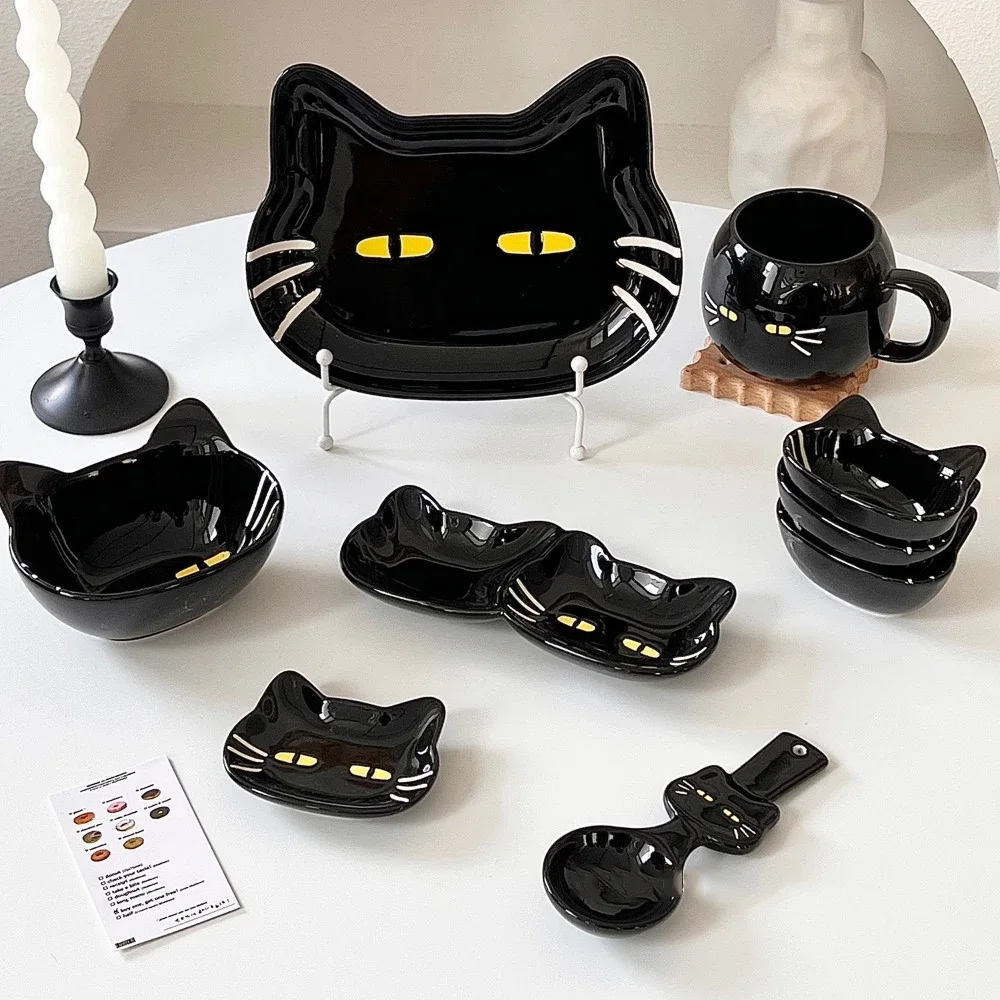 Cute Glossy Black Cat Modeling Ceramic Dishes Cutlery Black Cartoon Dishes Bowls Cups Household Tableware Table Decoration