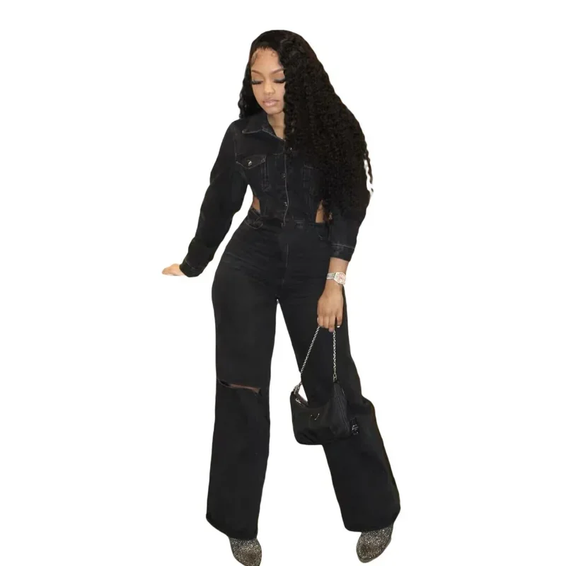 Women One Piece Denim Jumpsuits Turn Down Collar Overalls Wide Leg Long Pants Casual High Waist Hollow Out Rompers Mom Jeans