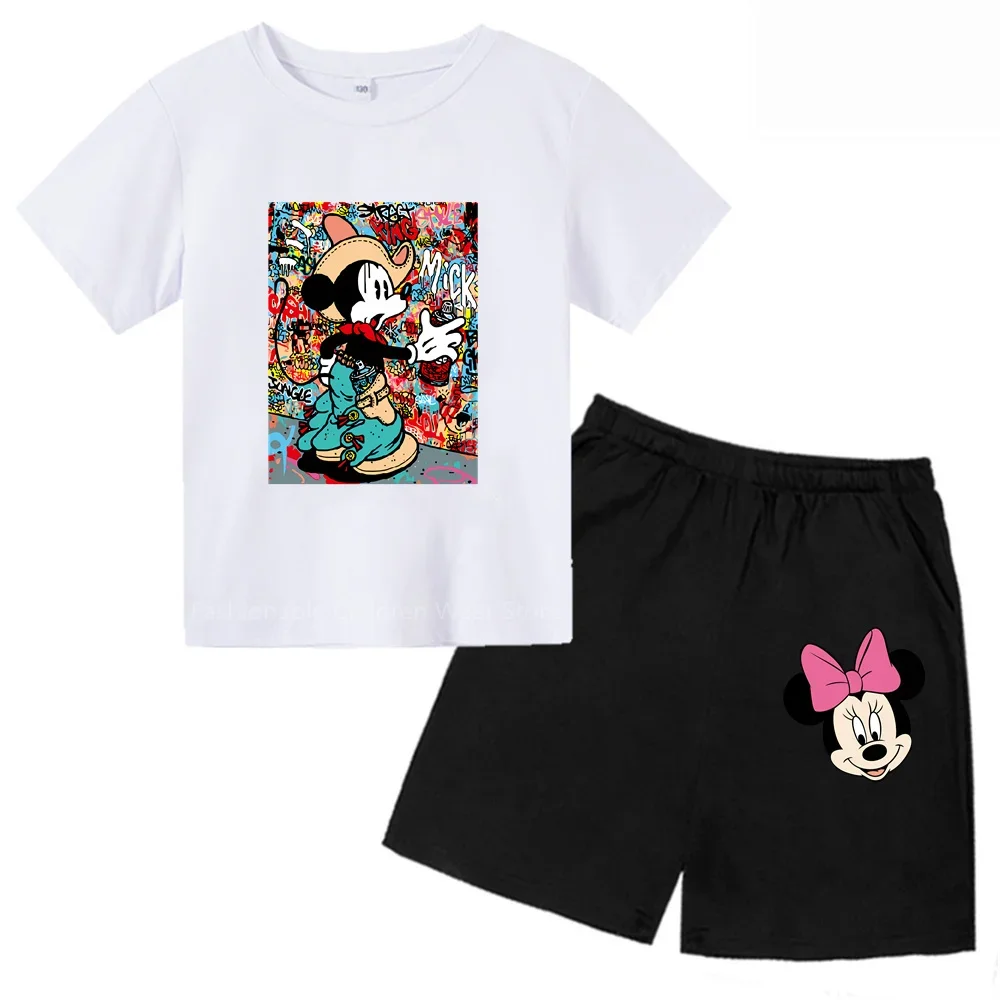 Mickey Mouse Cartoon Print Shortsleeve T-Shirt & Shorts - Cute Disney Style For Kids' Casual Days