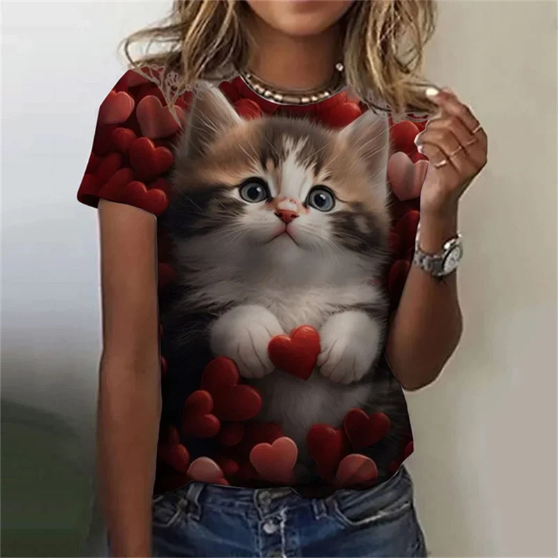 Fashion Women\'s T-shirt 3D Printed Kawaii Cat Pattern Short Sleeved Round neck Top Summer Outdoor Casual Street Simple Clothing