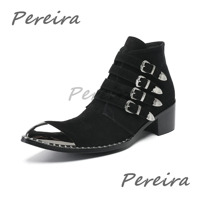 

Autumn Winter New Men's Short Boots British Suede Leather Metal Pointy Toe Belt Buckle Booties Fashion Business Dress Shoes