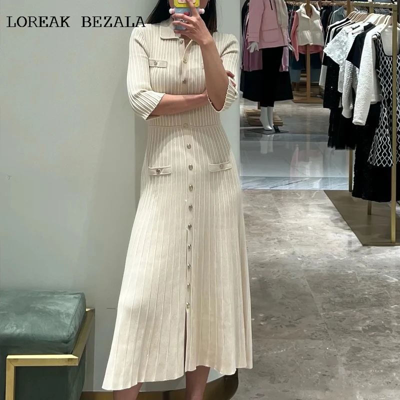 

Knitted Dress Beige Elastic Long fashionable /elegant 2025 Spring/Summer Waist Collection Seven Sleeve Dress