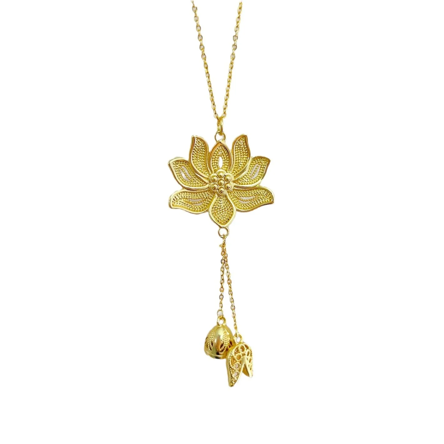 Vintage Lotus flower necklace tassel Chinese style antique gold craftsm pendant sweater chain classical wedding jewelry gift - view 6