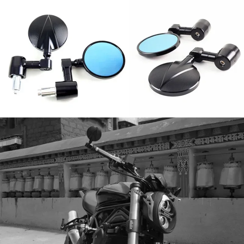

Motorcycle Round Classic Modified Blue Light Anti-glare CNC Decorative Rearview Mirror for Handlebar Inner Diameter 13-14, 17-19
