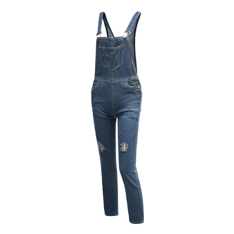 New Casual Streetwear Hole Denim Jumpsuits Women 2026 Loose Suspenders Pocket Long Pants Waistline Straight Jeans Rompers