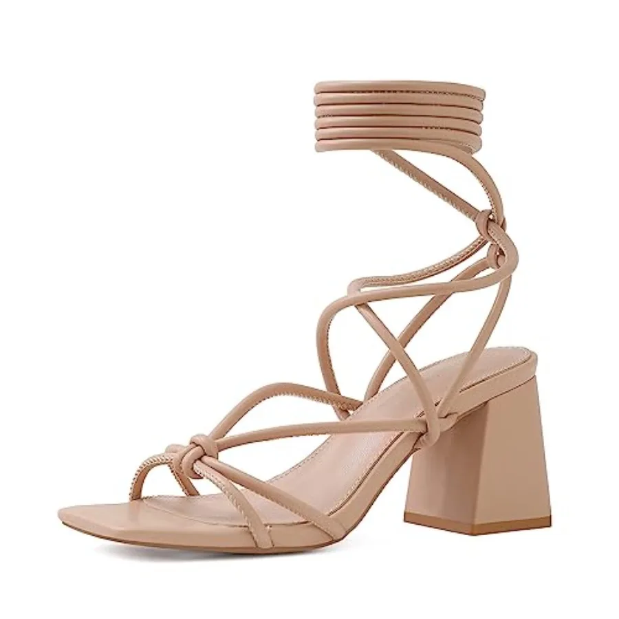 

Lace Up Heels for Women Ankle Strappy Gladiator High Heeled Sandals Chunky Block Heel Square Open Toe Criss Cross Dress Shoes