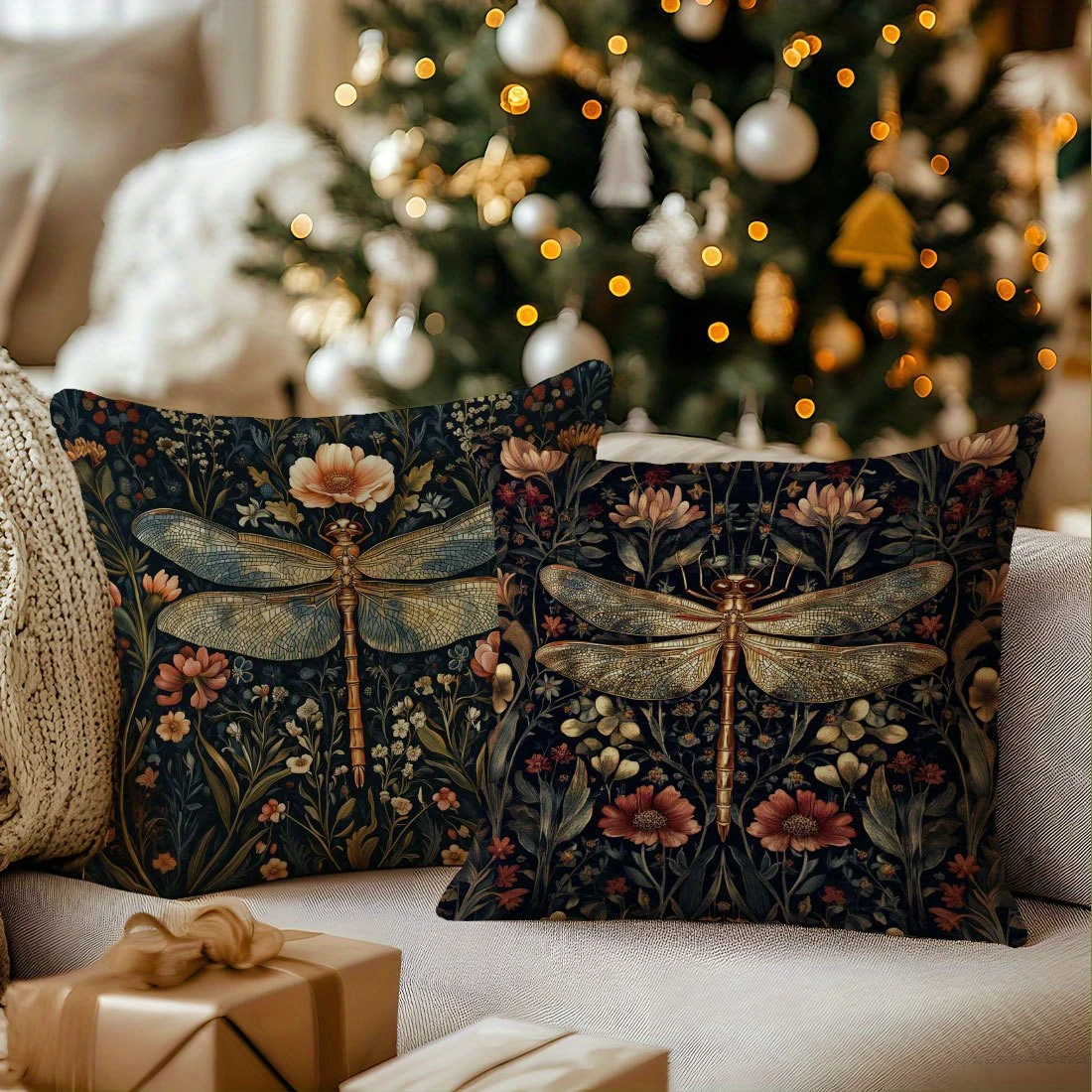2pcs Vintage Dark Botanical Dragonfly Throw Pillow Covers Wildflower Floral Cushion Cases for Home Living Room Bedroom Decor