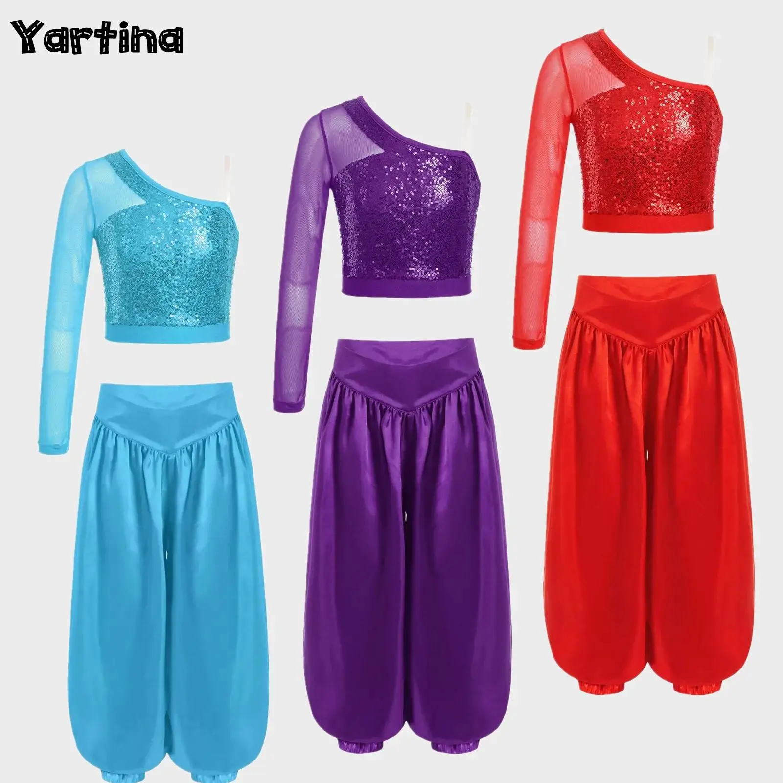 

Kids Girls Belly Dance Outfit Bellywood Costume Sheer Side Zipper Sparkly Sequins Crop Top with Wide-Leg Satin Bloomers Pants