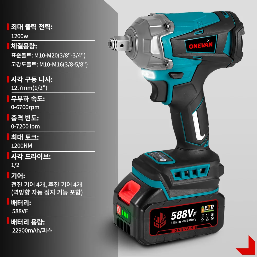 ONEVAN 1200N.M Torque Brushless Electric Impact Wrench 1/2 Inch Cordless Electric Wrench Power Tools For Makita 18V Battery Pin