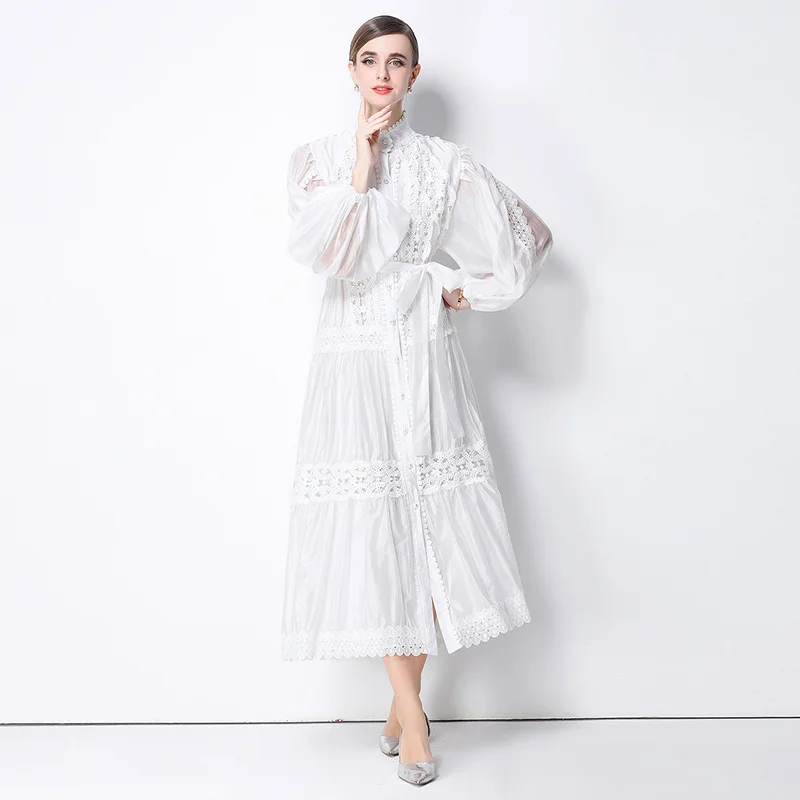 Dresses for Women New Long Sleeve Stand Collar Women Dress White Black Lace-up A-LINE Dress Women Vestidos De Verano Mujer Q1984