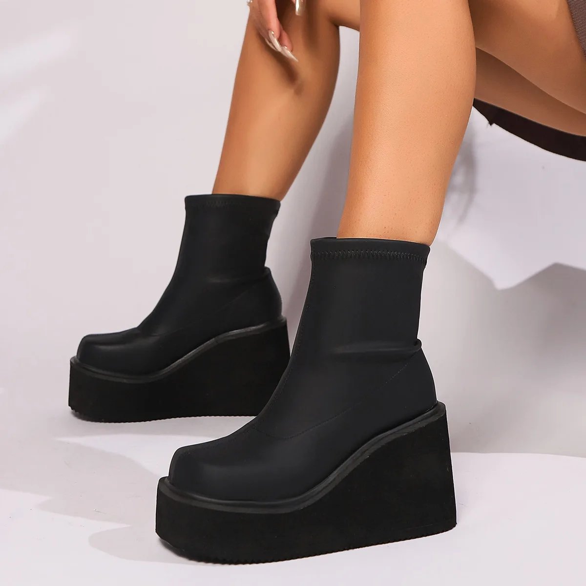 Women's Boots Super High Heel Wedges Modern Boots Slip-on Solid Ladies Shoes on Sale Fashion Round Toe Sewing Concise Shoe 35-42 image 4
