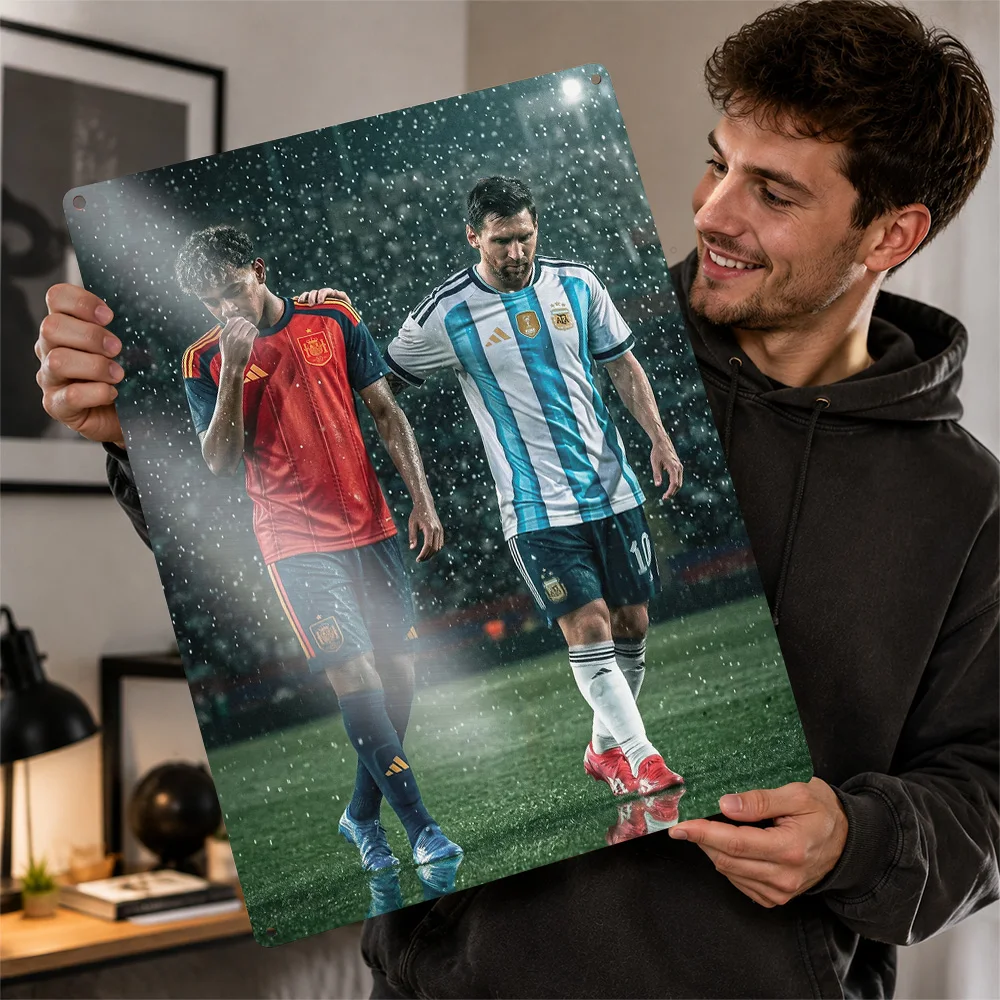 Lionel Messi Comforting Lamine Yamal 3D Texture Printed Poster Custom Vintage Metal Tin Plate Sign for Wall Art Wand Deko Decor