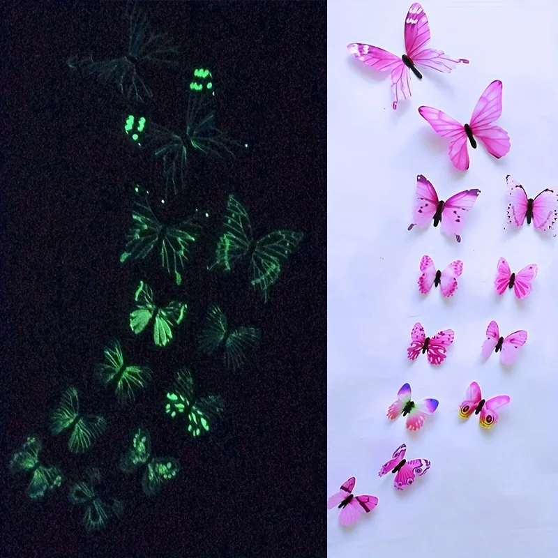 Pegatina de pared creativa de mariposa luminosa 3D, 12 piezas, arte moderno, decoraciones para el hogar, regalo DIY