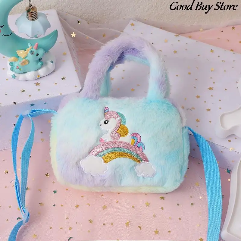 Cartoon Suede Handbags Rainbow Unicorn Girls Plush Shoulder Purse Crossbody Bags Cute Storage Bag Children Kids Mini Fur Totes