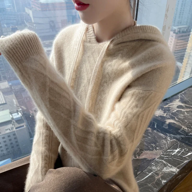 Hot sale new style  cashmere wool ladies hooded sweater loose high-end long-sleeved knitted solid color wool pullover winter