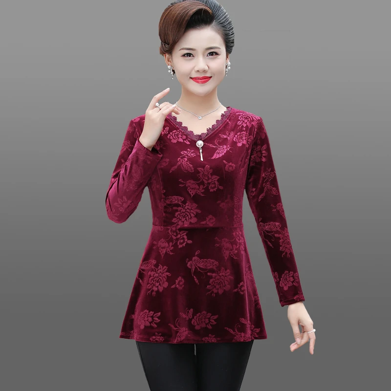 New Autumn Women Lace V neck T Shirt Velvet T-Shirts Female Long Sleeve Tee Shirts Femme jacquard weave Tops Pullover