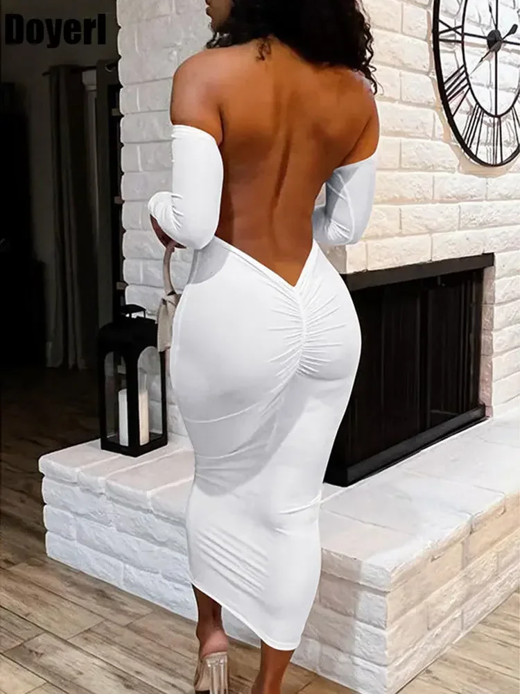 

Сексуальные вечерние платья макси с открытыми плечами и вырезом на шее, женская одежда для ночного клуба, облегающее платье с открытой спиной и рюшами и длинными рукавами, Vestidos